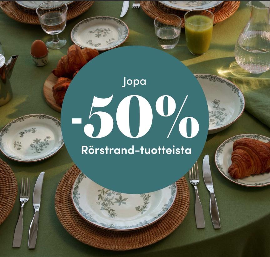 Rörstrand-astioilla ja croissanteilla katettu aamiaispöytä sekä tarjous jopa −50 % Rörstrand-tuotteista.