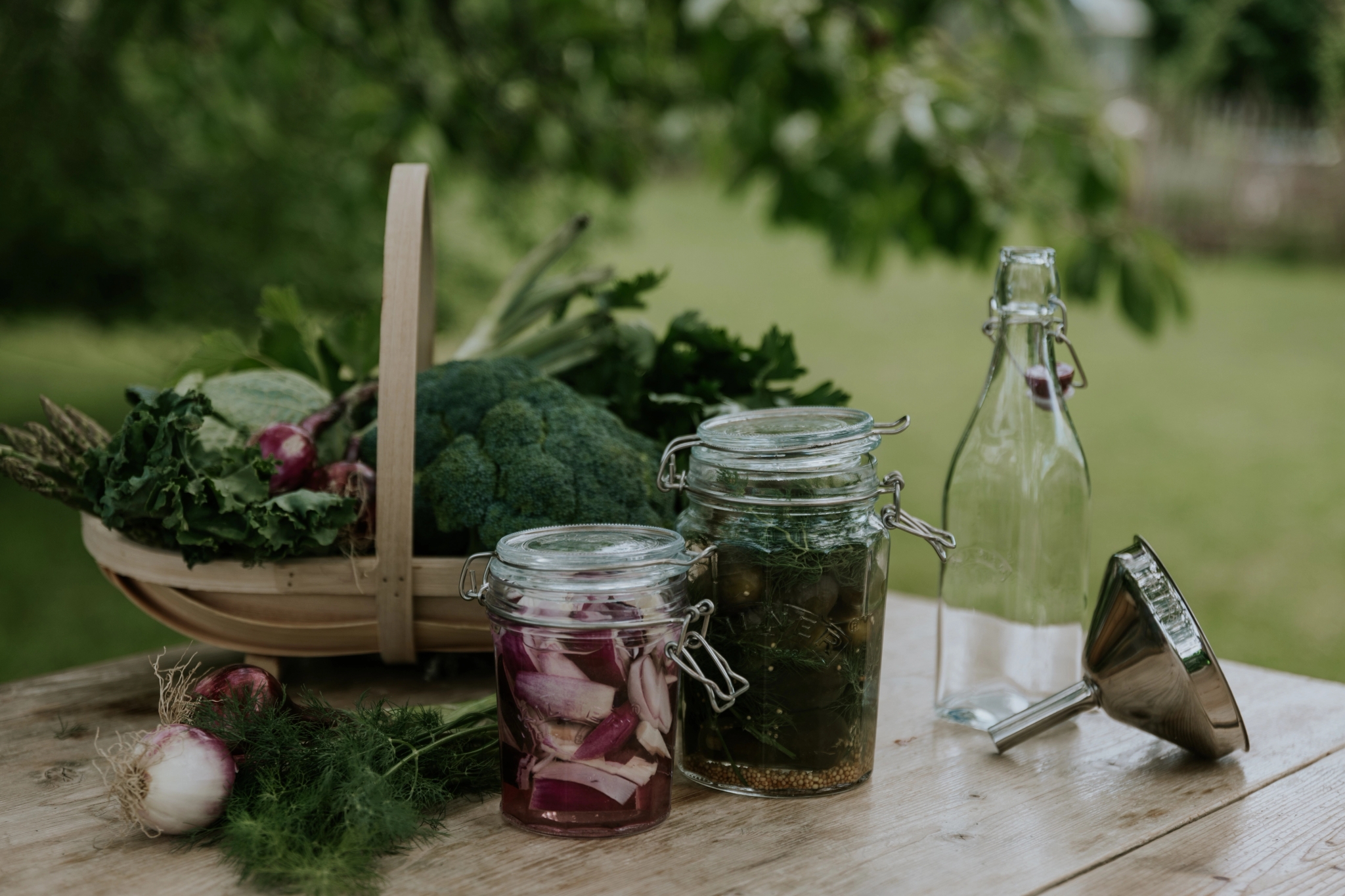 Fermenterte grønnsaker på glass ved siden av en kurv full av grønnkål