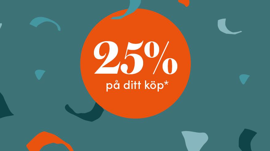Kampanjbanner med 25 % rabatt på ditt köp mot en färgglad konfettibakgrund.