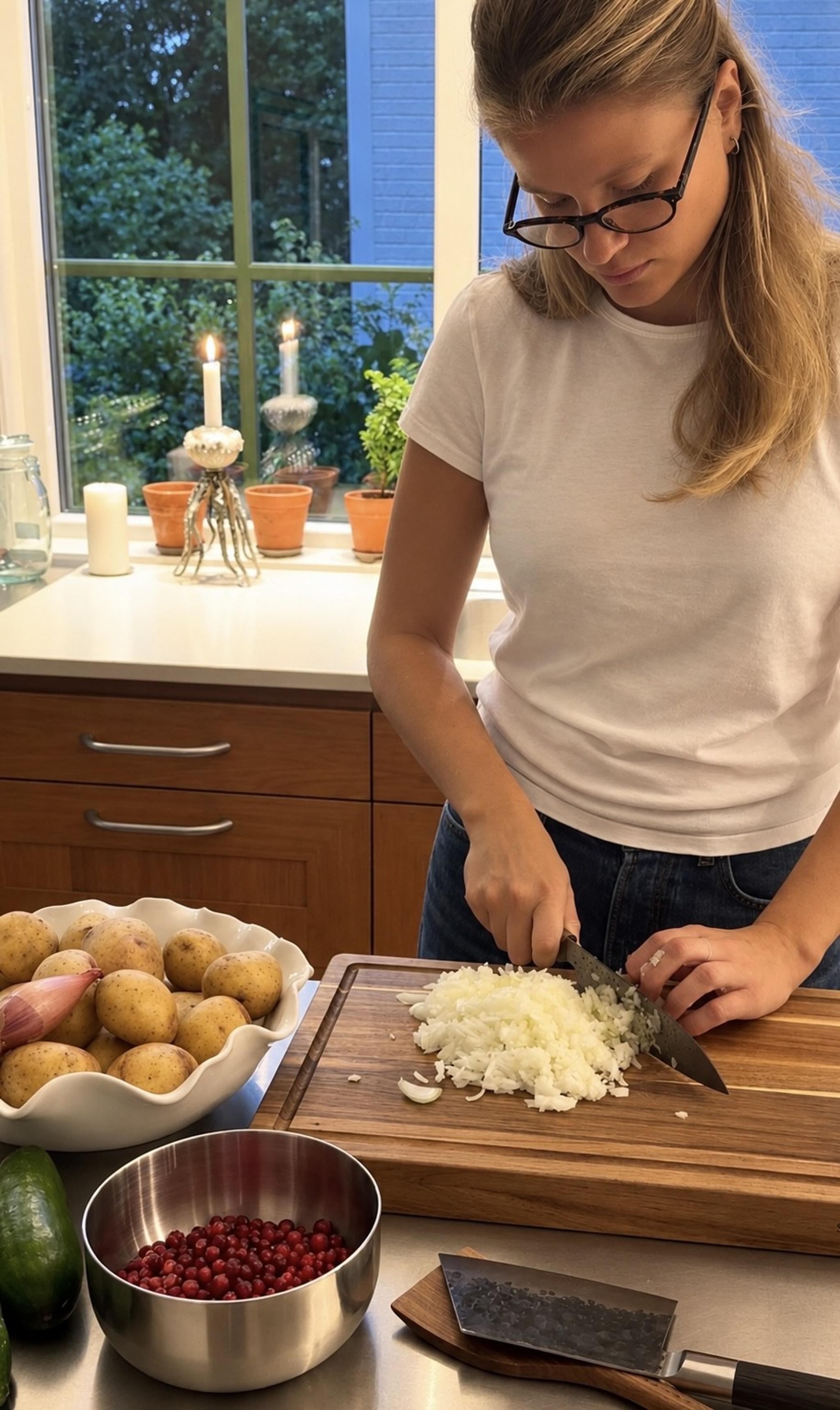 En kvinna hackar lök på en skärbräda i ett kök med potatis, lingon och grönsaker.