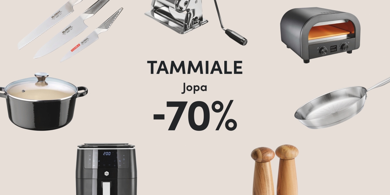 Mainos tammialesta, jossa jopa 70 % alennusta keittiötuotteista. Kuvassa näkyy veitsiä, kattila, airfryer ja miniuuni.