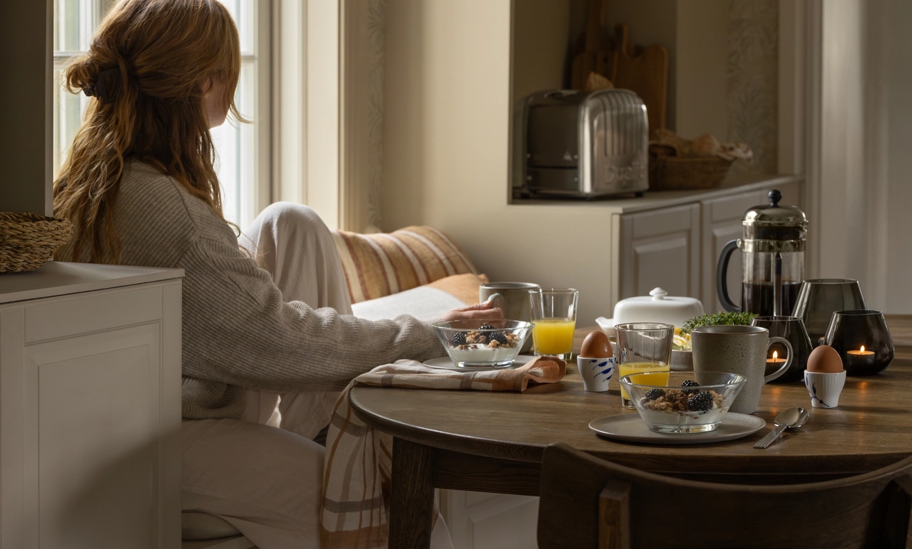 En kvinne sitter ved et bord og spiser frokost mens hun leser en bok