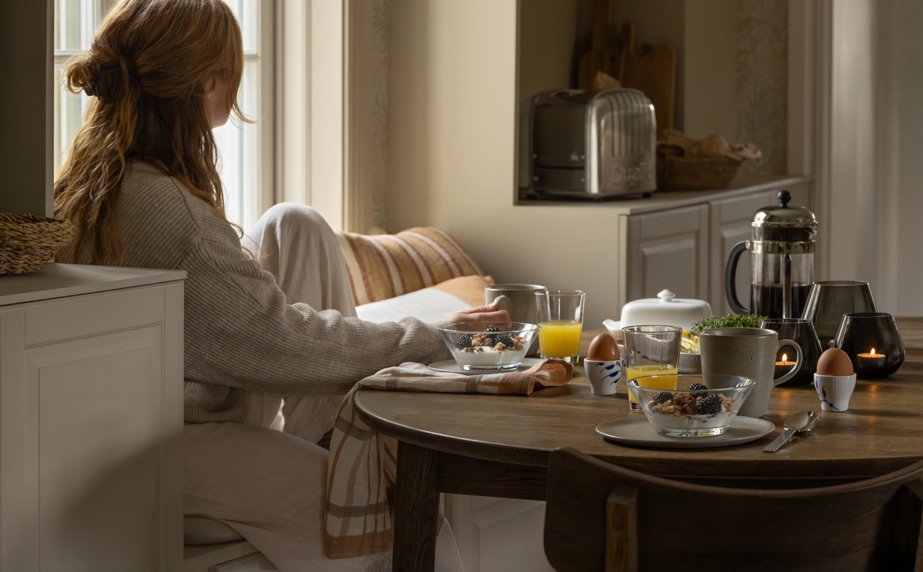 En kvinna sitter vid ett bord och äter frukost och läser en bok.