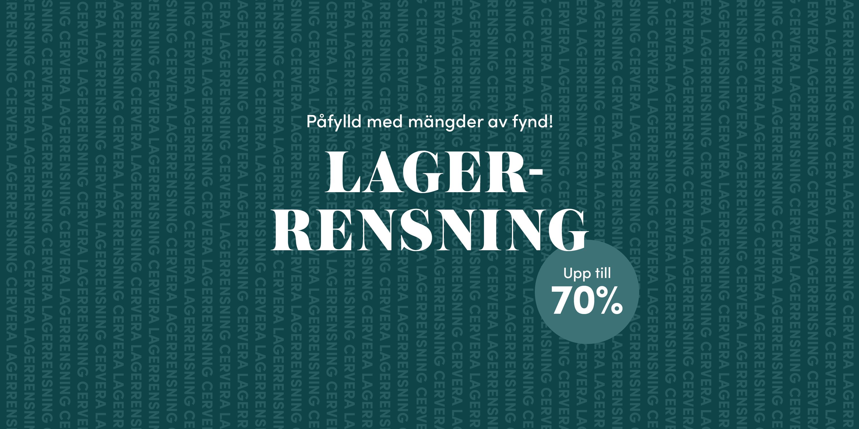 Grafisk banner för Cerveras lagerrensning med mängder av fynd och upp till 70 procent rabatt.