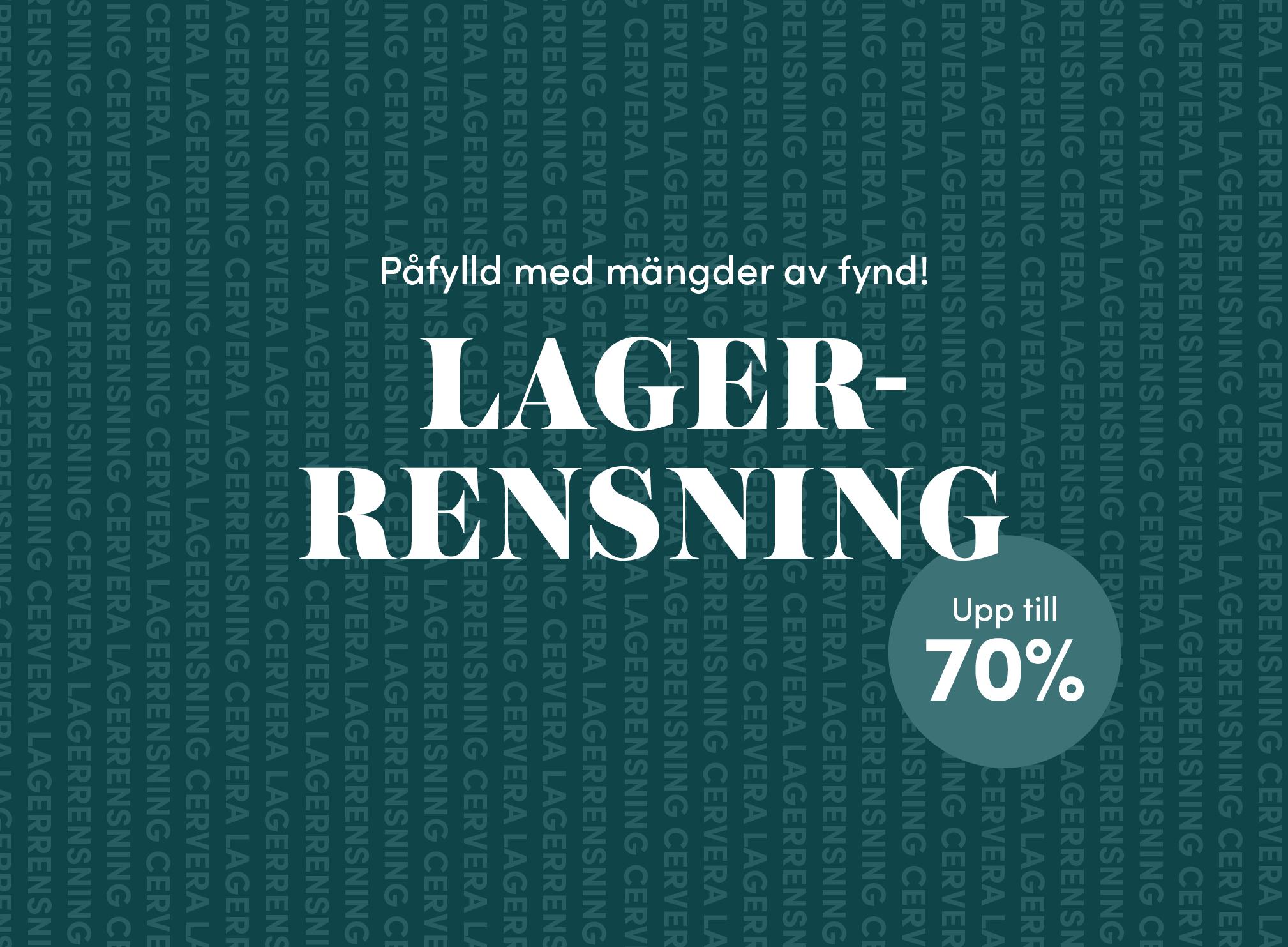 Grafisk banner för Cerveras lagerrensning med mängder av fynd och upp till 70 procent rabatt.