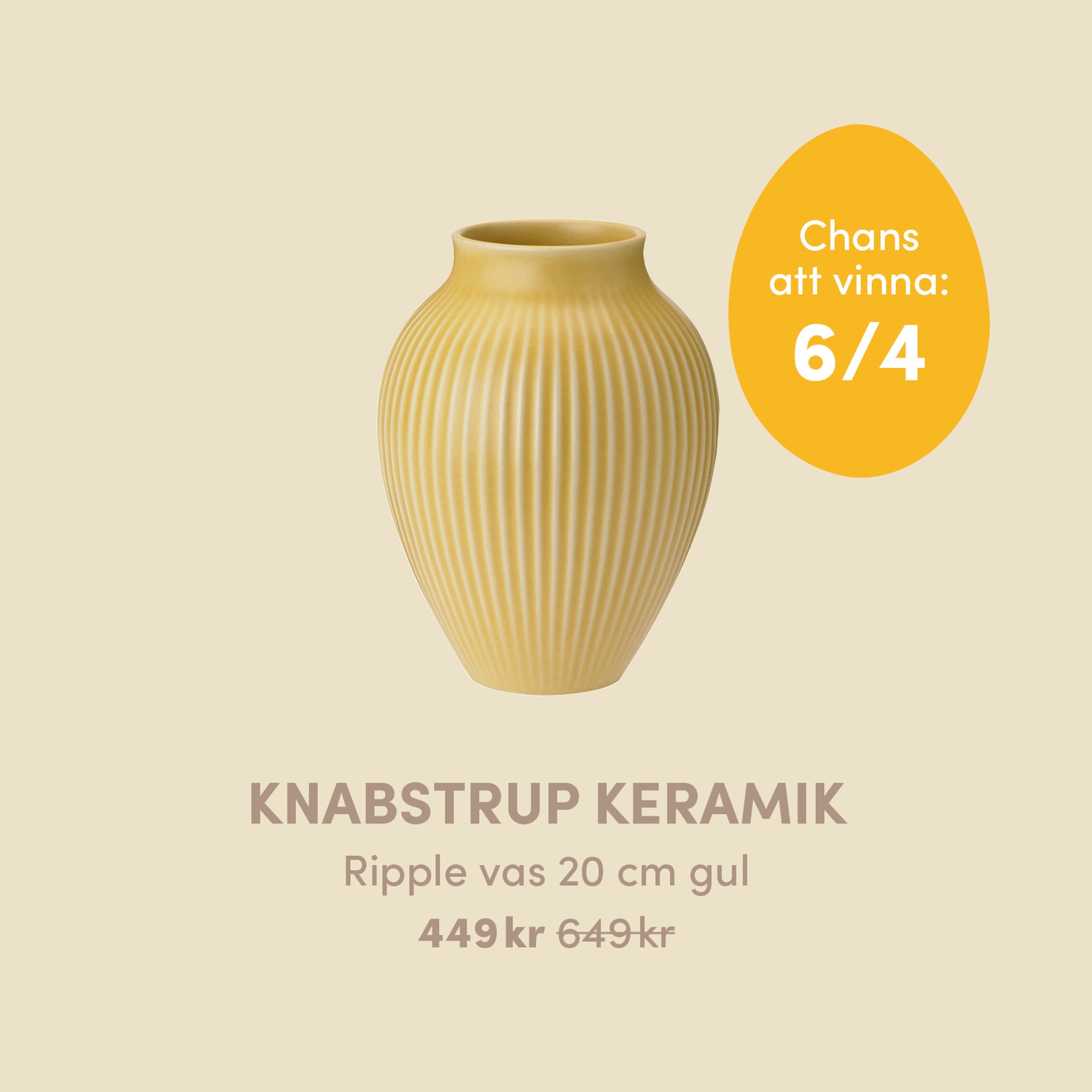 Knabstrup keramik ripple vas 20 cm i färgen gul