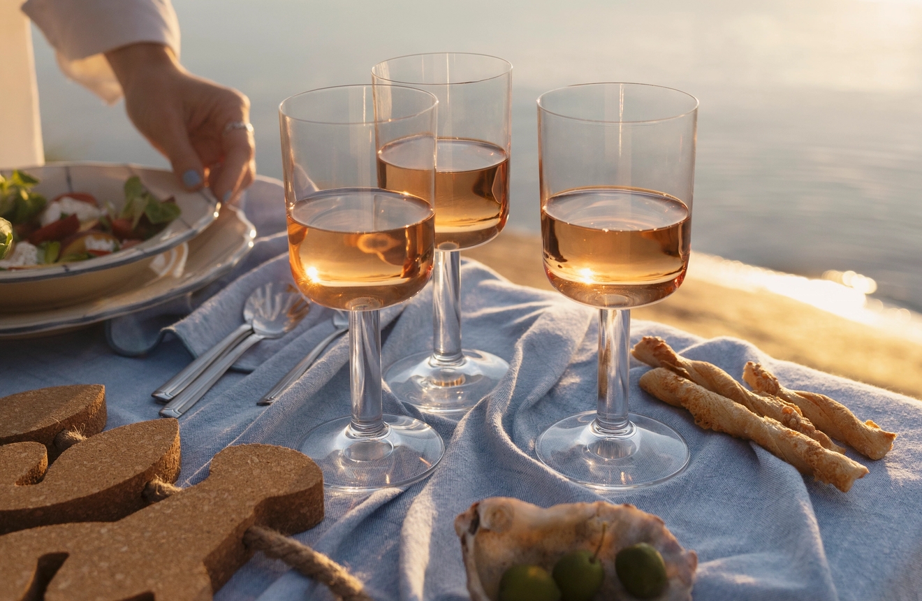 Somrig picknick med tre glas rosévin, snacks och sallad på dukat bord vid en stilla sjö i solnedgång.