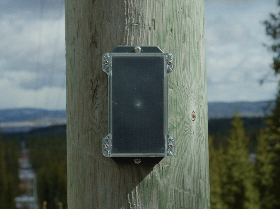 GridScout-enhet montert på en trestolpe i skogen