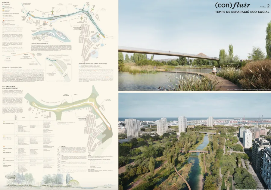 Prancha 2 do projeto (Con)fluir Prancha do concurso com plantas, corte e duas imagens: uma passarela sobre a água e uma vista aérea do parque entre prédios