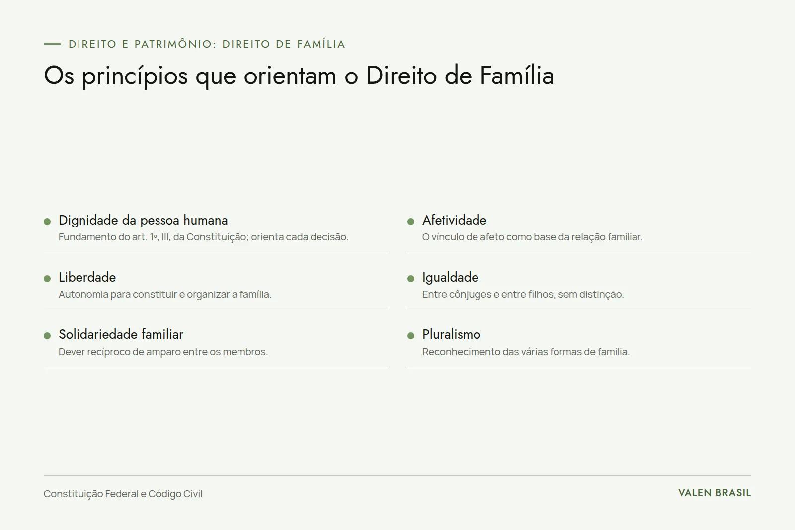 Quadro com os seis princípios do direito de família: dignidade da pessoa humana, afetividade, liberdade, igualdade, solidariedade familiar e pluralismo