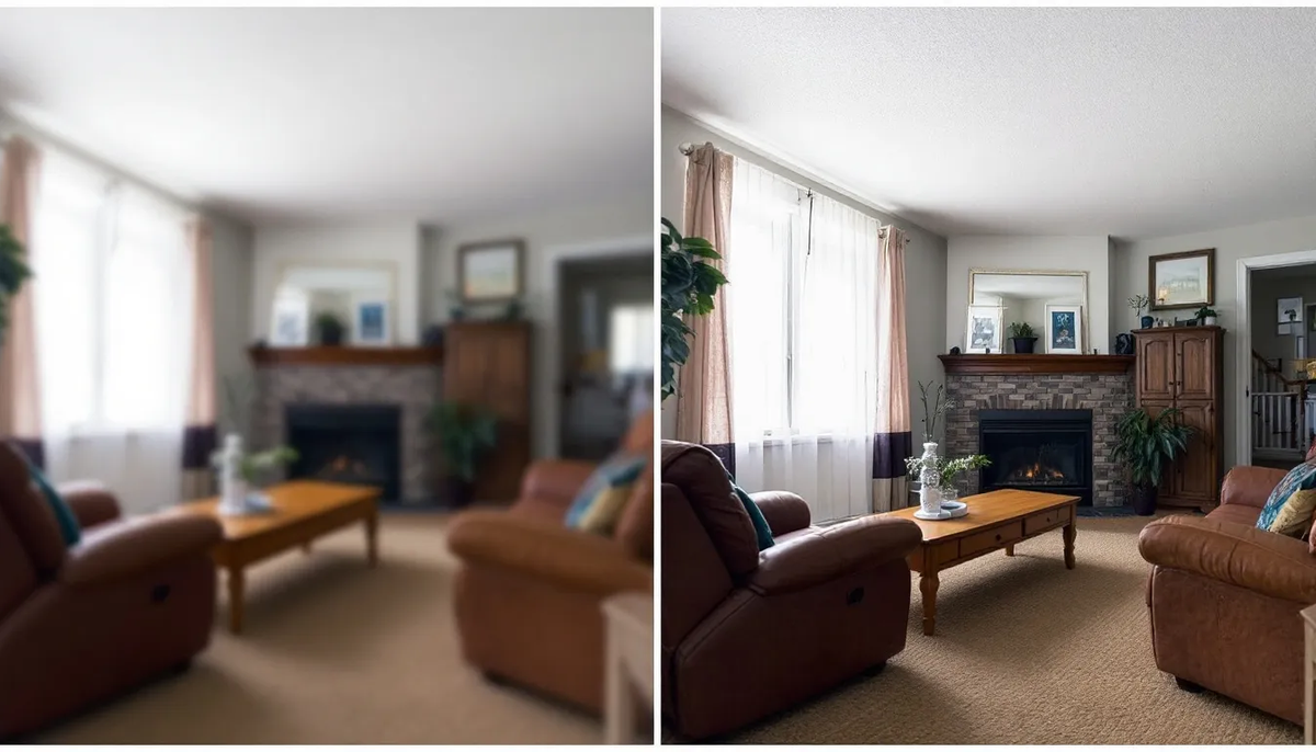 A imagem mostra uma comparação entre uma foto amadora e uma foto profissional do mesmo ambiente, destacando a diferença na qualidade e técnicas utilizadas na fotografia imobiliária. A foto profissional apresenta melhor iluminação e ângulos, evidenciando a arquitetura do imóvel de forma mais atraente para potenciais clientes.