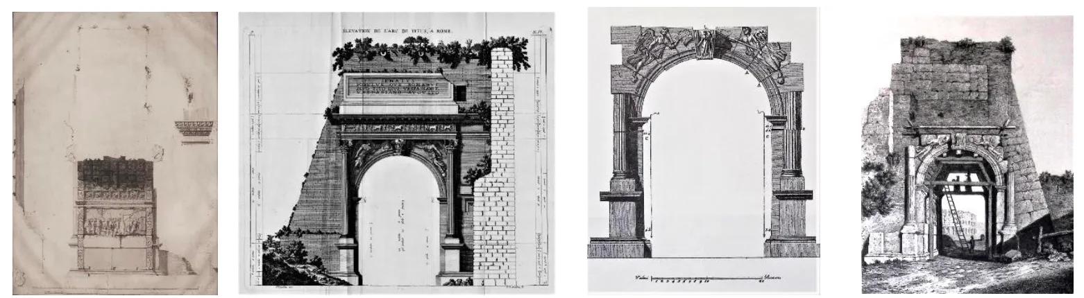 Desenhos do Arco de Tito Pranchas com seção, perfil e detalhes construtivos do Arco de Tito