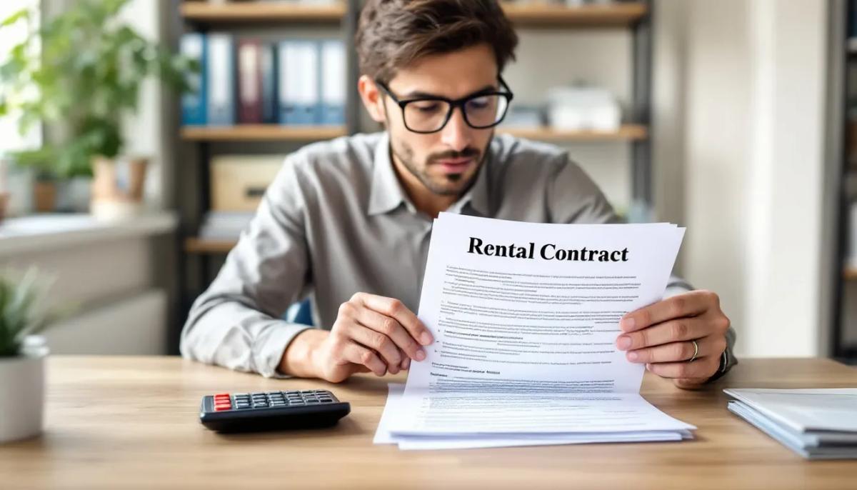 Uma pessoa está analisando documentos de contrato de aluguel, com uma calculadora ao lado, enquanto considera os índices de preços e a variação mensal para calcular o reajuste do aluguel. O ambiente sugere uma atenção cuidadosa aos detalhes financeiros, como o impacto do IPCA e a correção dos valores nos últimos 12 meses.