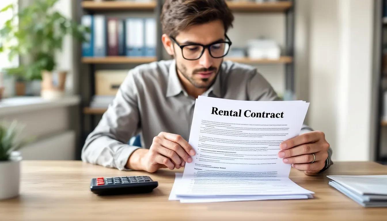 Homem lê um contrato de aluguel impresso, com uma calculadora sobre a mesa