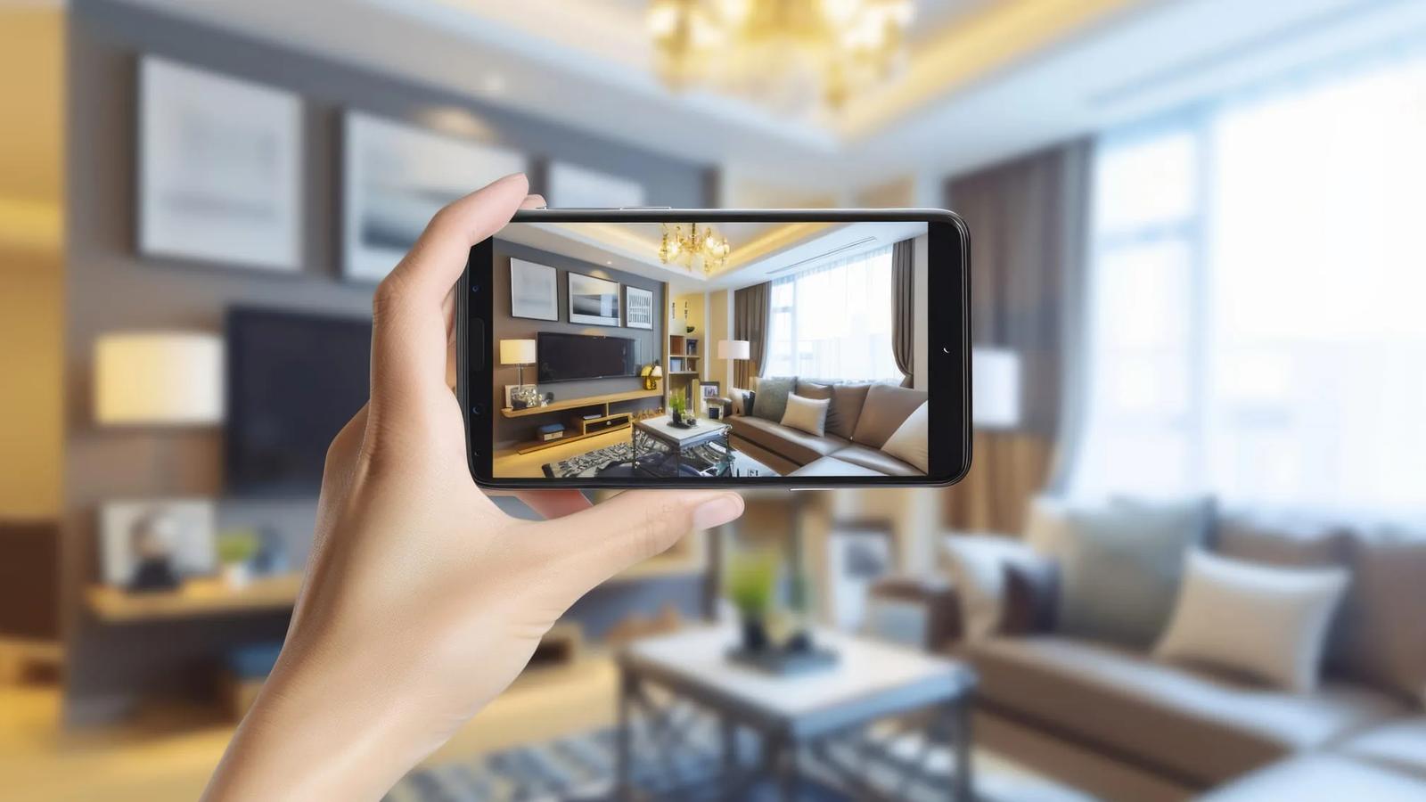 Fotografia imobiliária Mão segura um celular na horizontal fotografando uma sala de estar iluminada, com o ambiente desfocado ao fundo