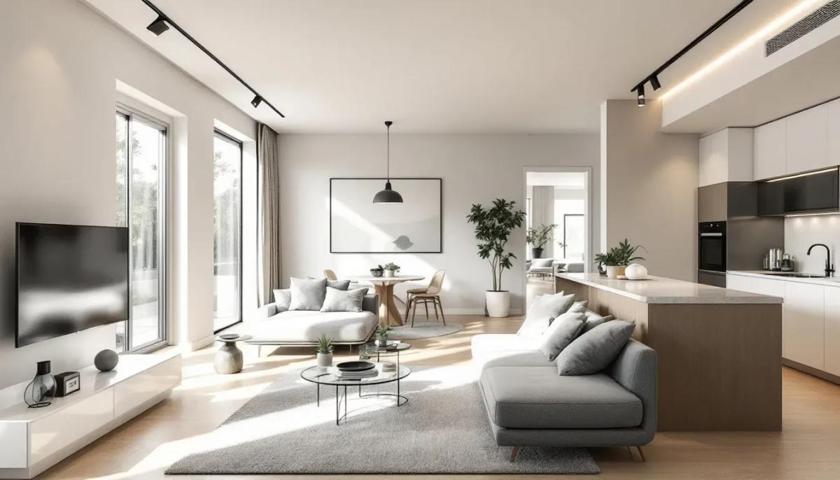 Um apartamento moderno e recém-reformado, com uma decoração minimalista e elegante, apresenta um ambiente iluminado e arejado. As paredes têm tons neutros, e o mobiliário contemporâneo destaca-se, refletindo o valor de mercado e a valorização do imóvel no setor imobiliário.