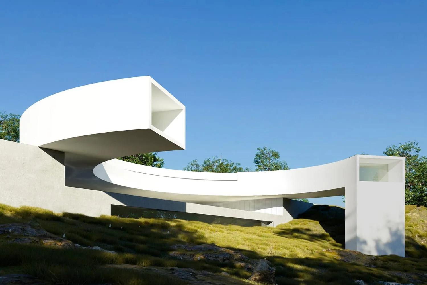 Edifício branco em forma de fita curva, com um trecho em balanço sobre o terreno gramado