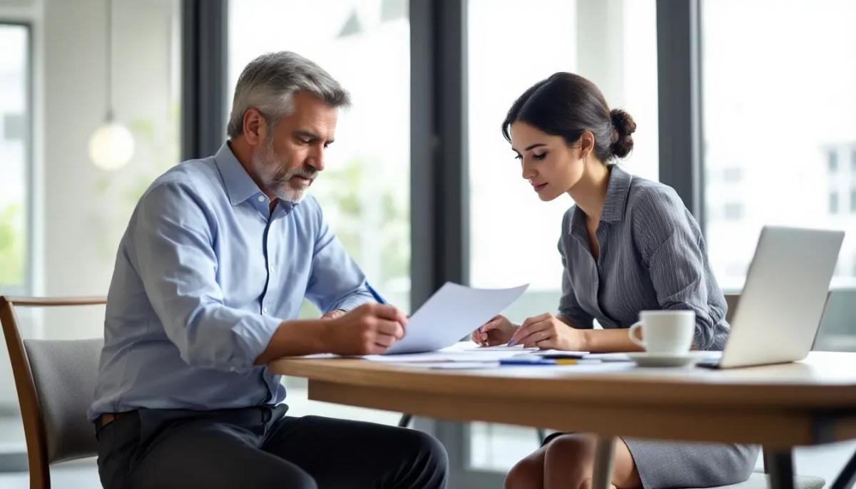 Na imagem, um proprietário e um inquilino estão sentados em uma mesa, revisando um contrato de aluguel. Eles parecem concentrados, discutindo detalhes importantes relacionados a valores e reajustes, possivelmente considerando índices como o IPCA e a variação de preços.