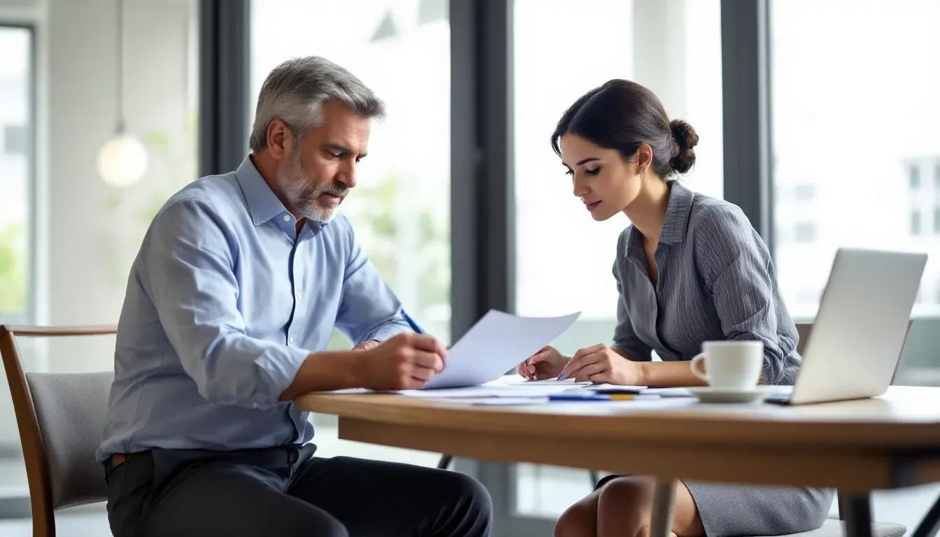 Um homem e uma mulher revisam papéis juntos em uma mesa de escritório, ao lado de um notebook