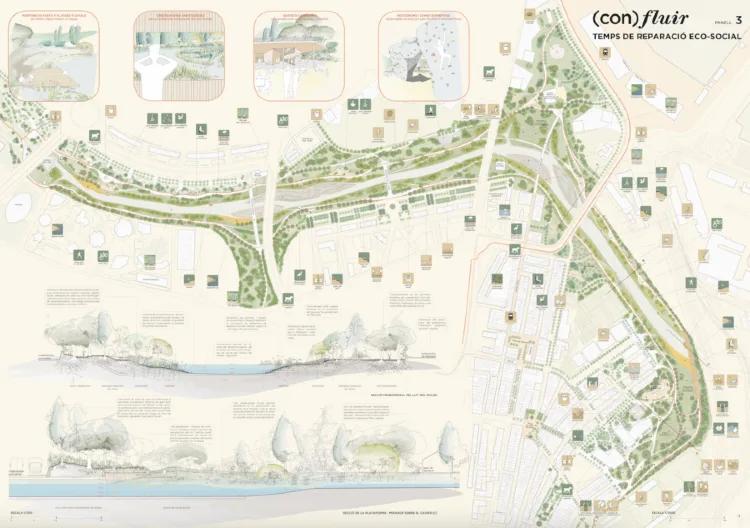 Prancha do concurso com a planta geral do parque, ícones de usos e cortes da vegetação