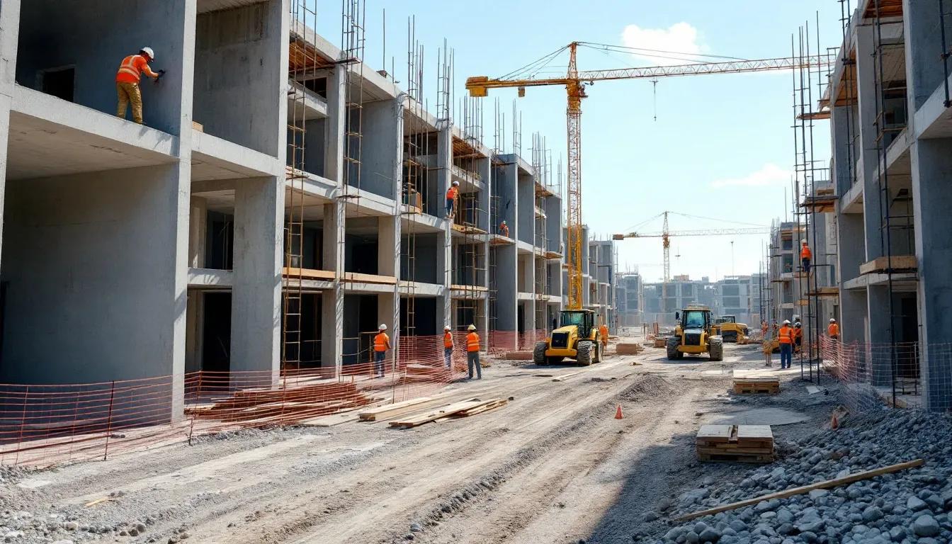 Canteiro de obras de edifício residencial com estrutura de concreto, gruas, retroescavadeiras e operários de uniforme laranja
