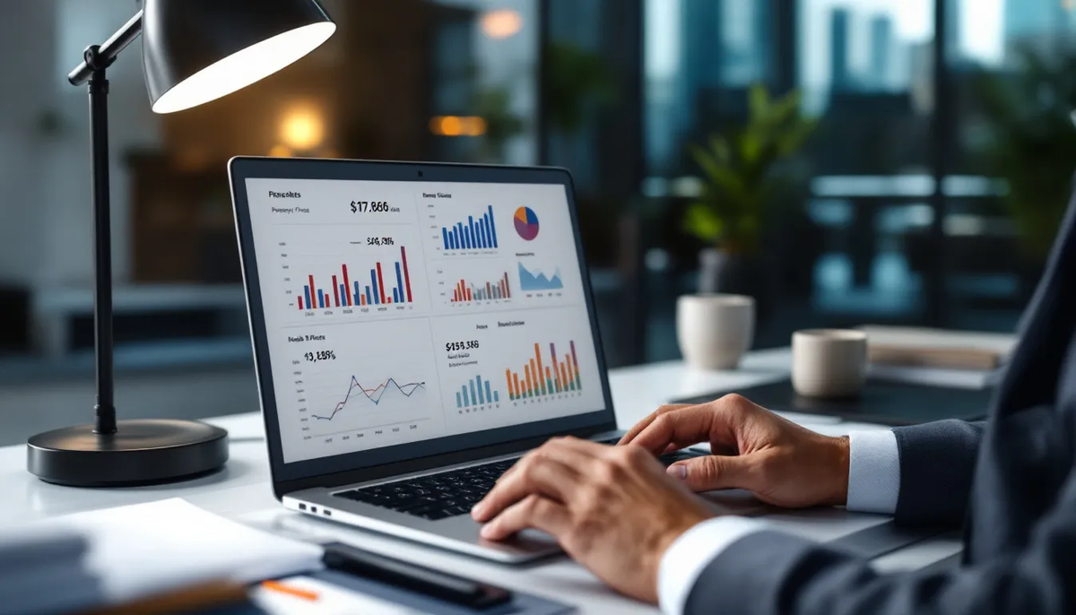 Um profissional está utilizando um software especializado para análise de dados imobiliários, focando na avaliação de imóveis e na elaboração de laudos periciais. Ele parece concentrado, refletindo a importância da perícia judicial no mercado imobiliário.