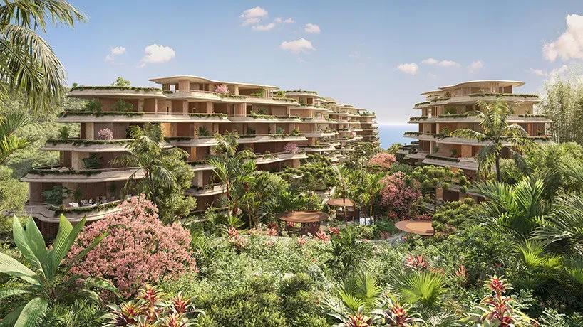 Perspectiva do Tempo, na Praia Brava Ilustração do projeto Tempo com prédios de terraços escalonados cobertos de vegetação, jardins tropicais floridos e o mar ao fundo