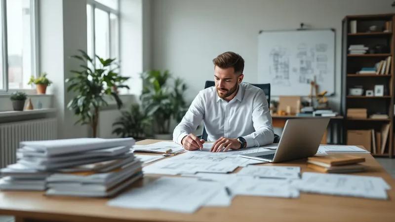 Arquiteto de camisa branca trabalha em uma mesa cheia de documentos e pastas, com notebook, em escritório claro