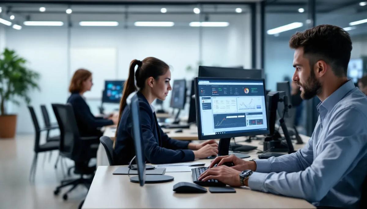 . Um grupo de profissionais está analisando dados em computadores modernos, com gráficos e tabelas exibindo informações sobre ativos intangíveis e o valor de mercado de uma empresa. Eles discutem sobre a importância do capital intelectual e dos bens intangíveis para o crescimento e a gestão do negócio.