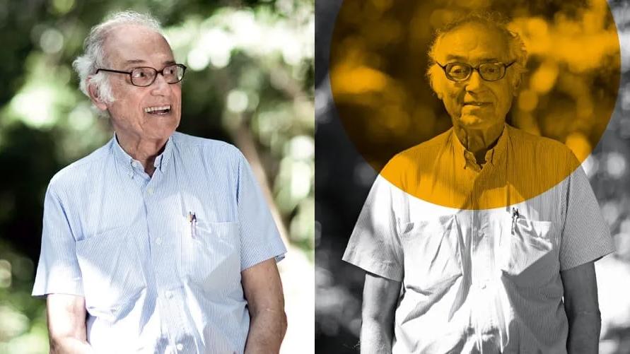 Duas fotos de Lelé, de óculos e camisa clara, sorrindo ao ar livre; na da direita, um círculo amarelo sobre o rosto
