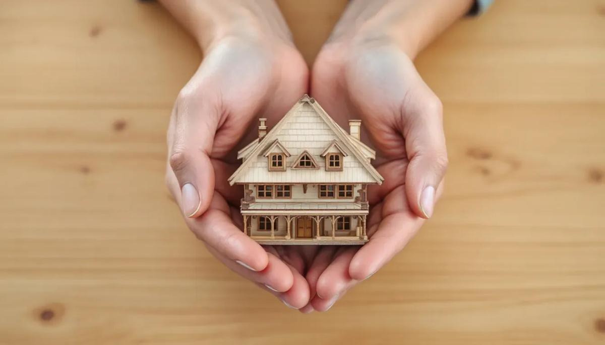 Uma pessoa está segurando delicadamente uma miniatura de uma casa sobre uma mesa, simbolizando a proteção patrimonial e a importância de um planejamento financeiro adequado para preservar bens familiares. As mãos transmitem segurança e cuidado, refletindo o valor de uma holding familiar na gestão do patrimônio.