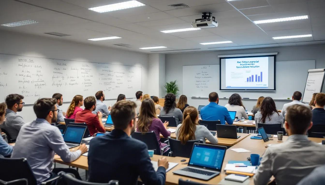 Sala de aula com profissionais usando notebooks enquanto um gráfico é projetado na tela