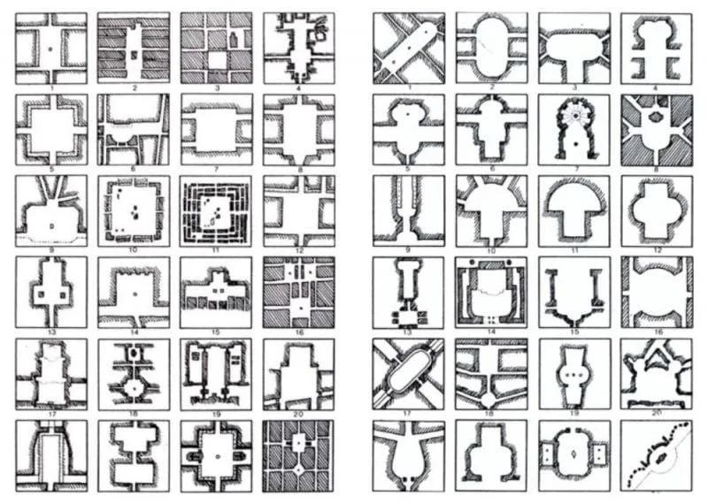 Diagramas de plantas Diagramas desenhados à mão com dezenas de variações de plantas de pequenos espaços em quadrados numerados