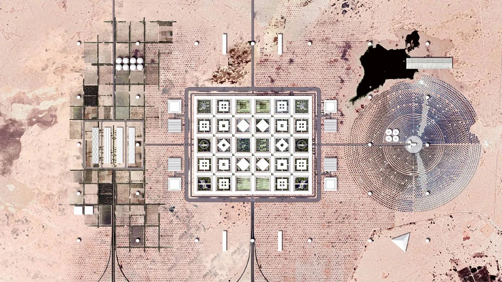 Vista aérea de simulação do distrito de saúde no deserto, com uma grande quadra de pátios, uma fazenda de painéis solares circular ao lado e áreas de apoio