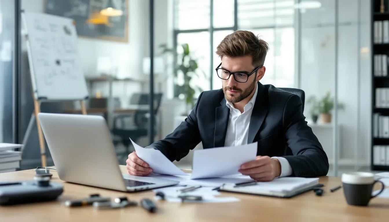 Profissional de terno analisando papéis em uma mesa de escritório com notebook