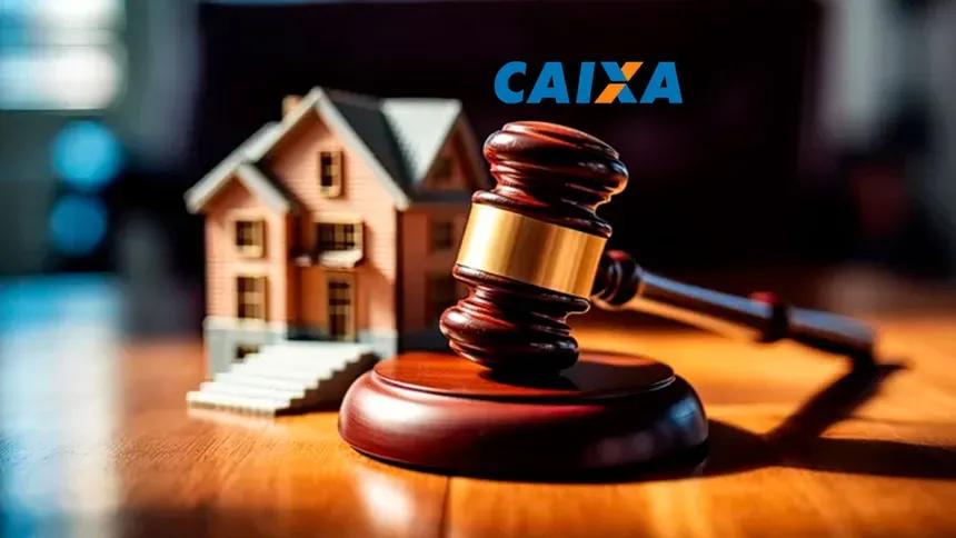 Martelo de leiloeiro sobre base de madeira ao lado de maquete de casa, com o logotipo da Caixa ao fundo