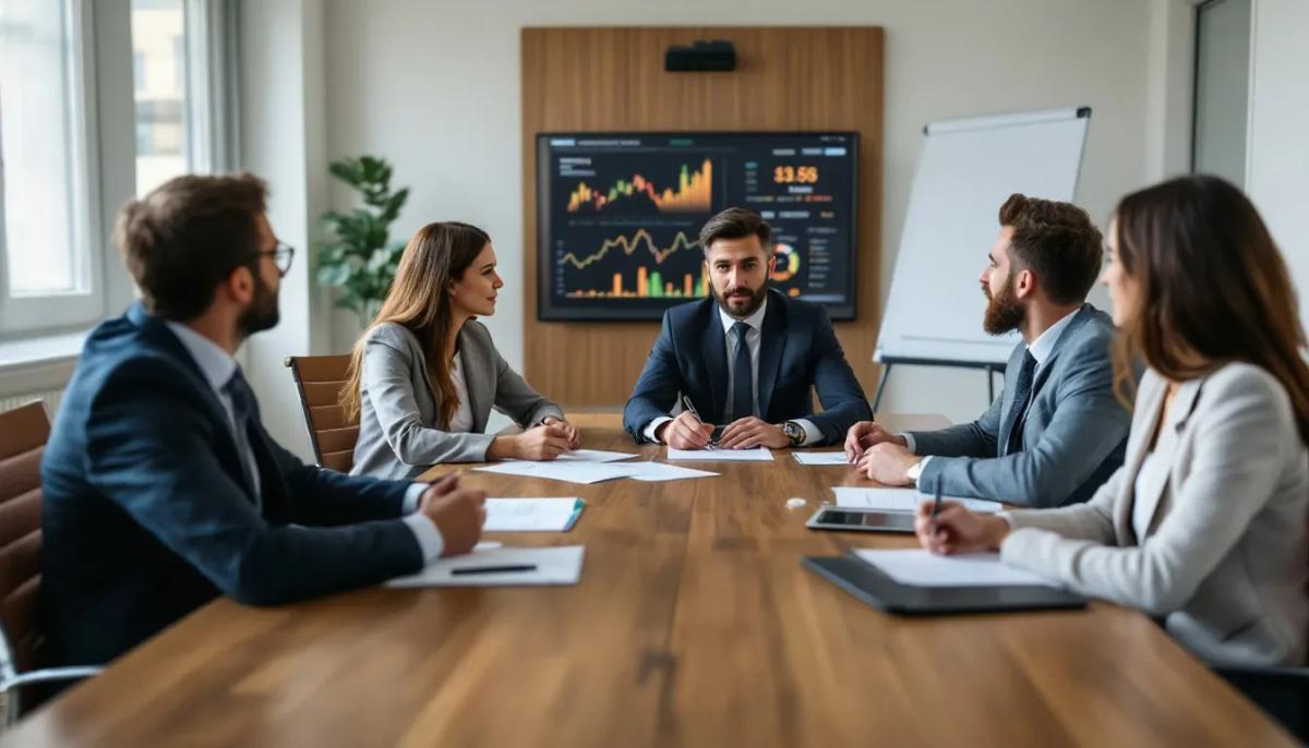 A imagem mostra uma família empresária envolvida em uma reunião de planejamento sucessório com consultores, discutindo estratégias para a avaliação de empresas e o valor econômico de seus negócios. O ambiente é profissional, com gráficos e documentos que refletem o processo de avaliação e planejamento estratégico.