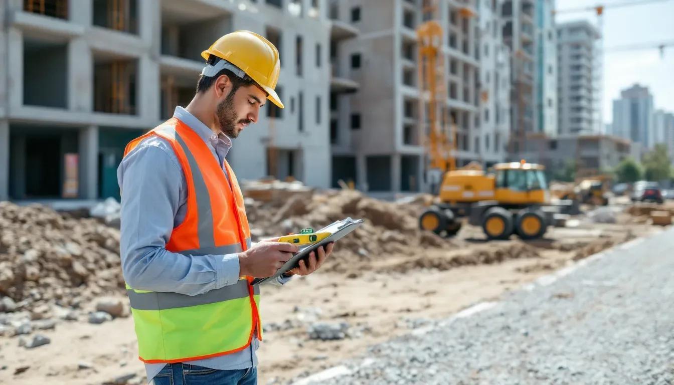 Vistoria de terreno para avaliação Engenheiro de capacete amarelo e colete refletivo consulta um tablet em um terreno em obras, com prédios em construção e máquinas ao fundo