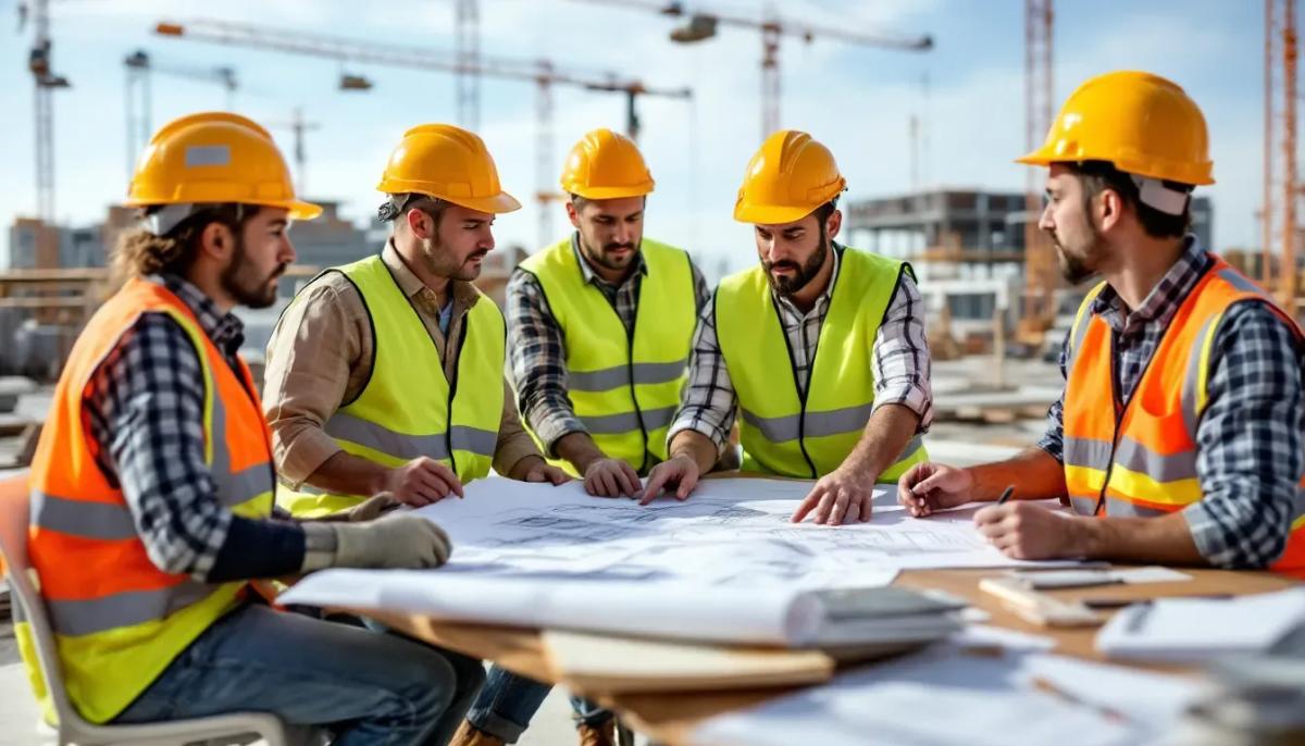 Um grupo de profissionais da construção civil está reunido, analisando plantas e documentos relacionados a um projeto de obra. Eles discutem aspectos importantes, como o memorial descritivo, normas e planejamento do empreendimento.
