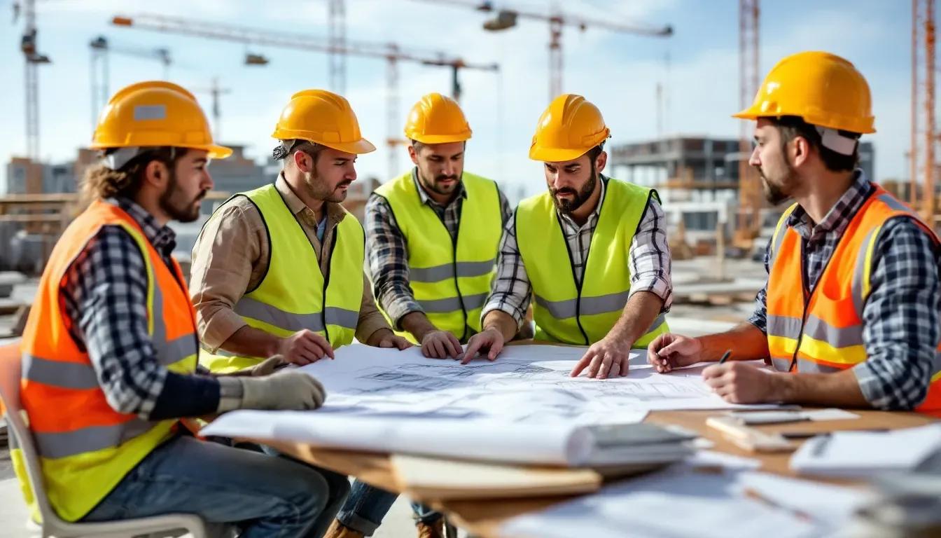 Equipe de obra analisando o projeto Três profissionais de capacete e colete refletivo conversam em frente a um canteiro de obras, analisando plantas e documentos do projeto