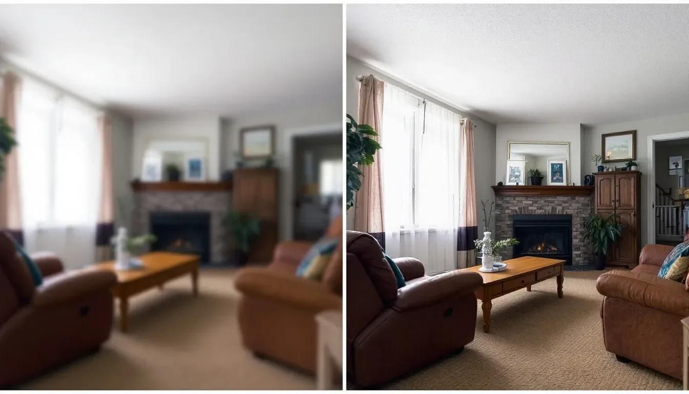Comparação lado a lado da mesma sala fotografada de forma amadora, escura e torta, e de forma profissional, iluminada e com linhas retas