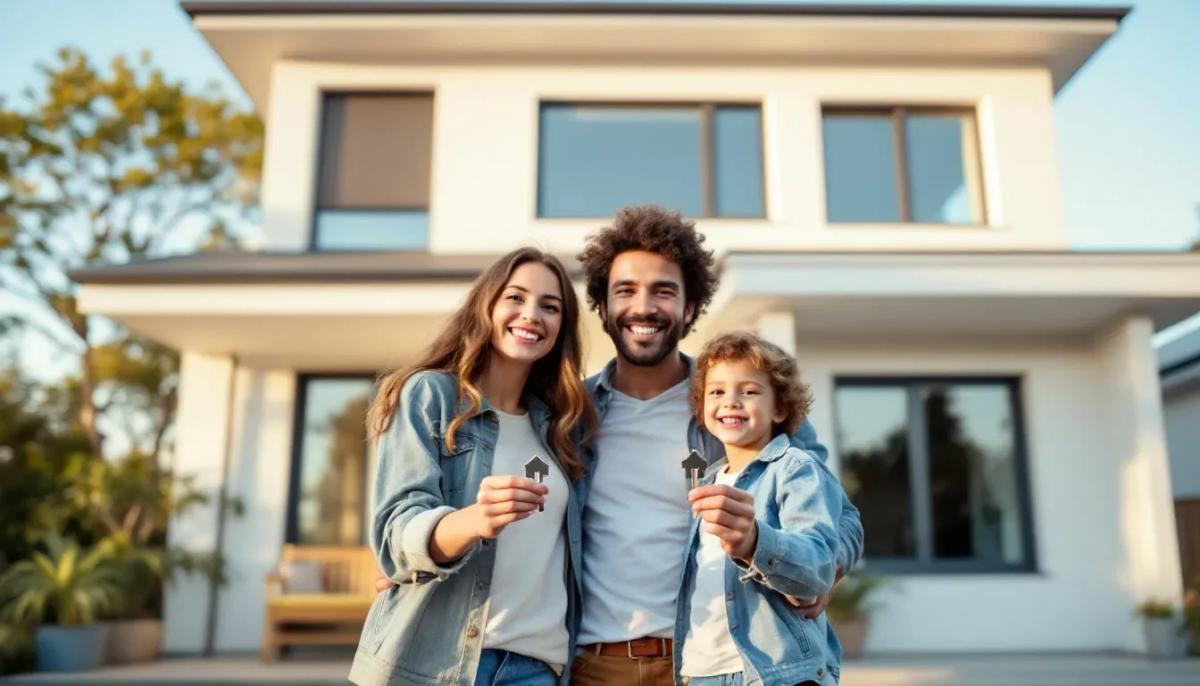 Uma família feliz está em pé na frente de sua nova casa, segurando as chaves com sorrisos no rosto. Essa conquista representa a realização do sonho da compra do imóvel, muitas vezes facilitada por opções de financiamento imobiliário e análise de crédito.