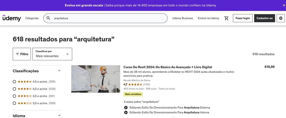 Página inicial da plataforma Udemy com cursos de arquitetura e softwares de projeto