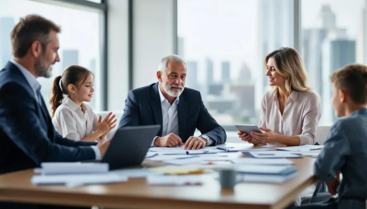 Uma família está reunida em uma mesa de escritório, discutindo documentos financeiros e estratégias de planejamento patrimonial, incluindo questões sobre a criação de uma holding familiar e os benefícios fiscais associados. O ambiente reflete um foco na gestão do patrimônio e no planejamento sucessório, com todos os membros envolvidos no processo de tomada de decisões.