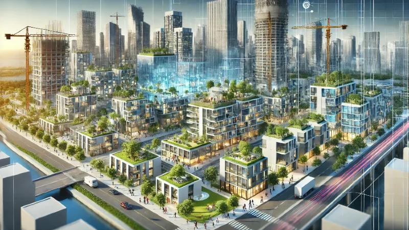 Ilustração digital de um bairro com prédios de terraços arborizados, guindastes ao fundo e ruas movimentadas