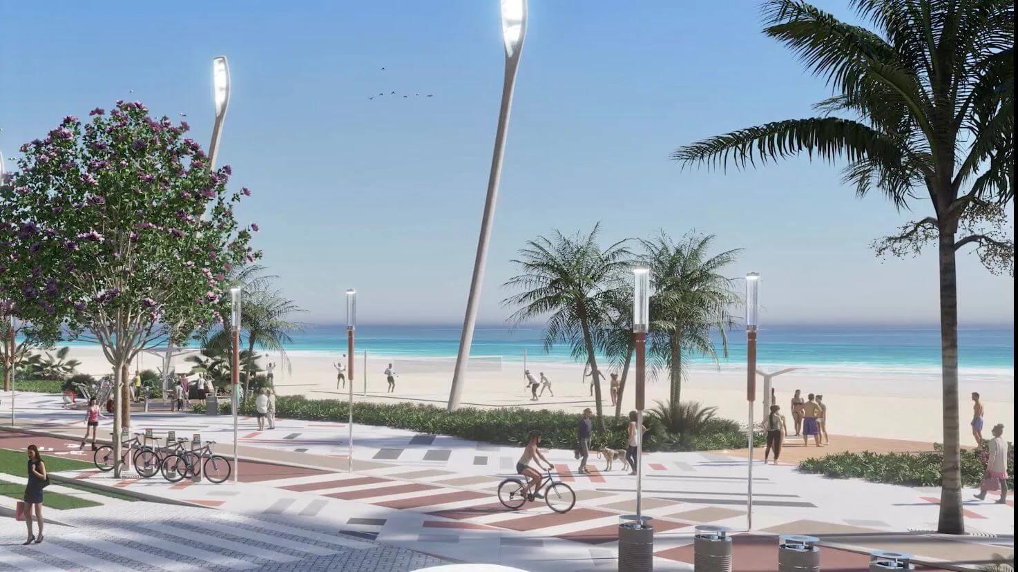 Ilustração de calçadão à beira-mar com ciclovia, postes de iluminação, coqueiros e pessoas caminhando
