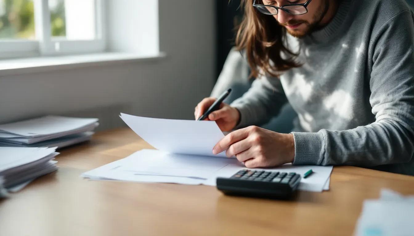 Pessoa de óculos lendo documentos sobre uma mesa, com calculadora ao lado