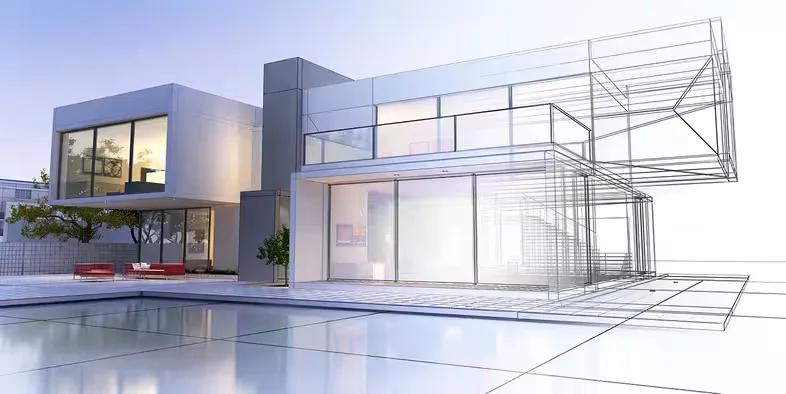 Do modelo 3D ao render Casa moderna com piscina em que metade da fachada aparece renderizada com materiais e a outra metade em linhas de modelo 3D
