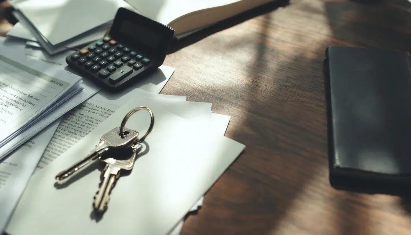 Calculadora, chaves de casa e documentos sobre uma mesa