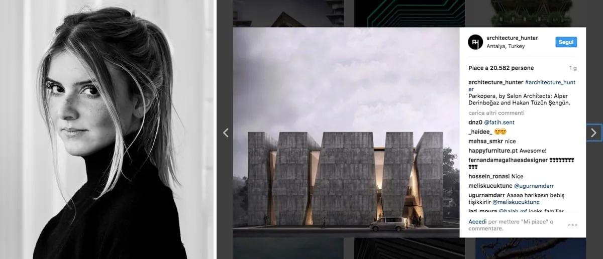 Montagem com retrato em preto e branco de Amanda Ferber ao lado de uma captura antiga de publicação do Architecture Hunter mostrando um edifício com fachada de pedra